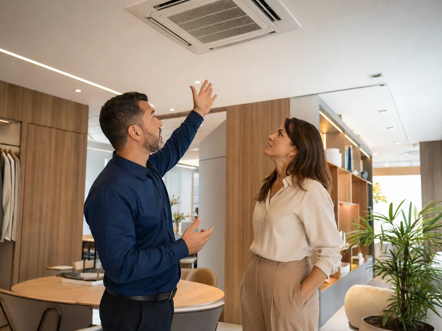 Técnico orientando cliente sobre o posicionamento de um cassete no teto de um ambiente comercial