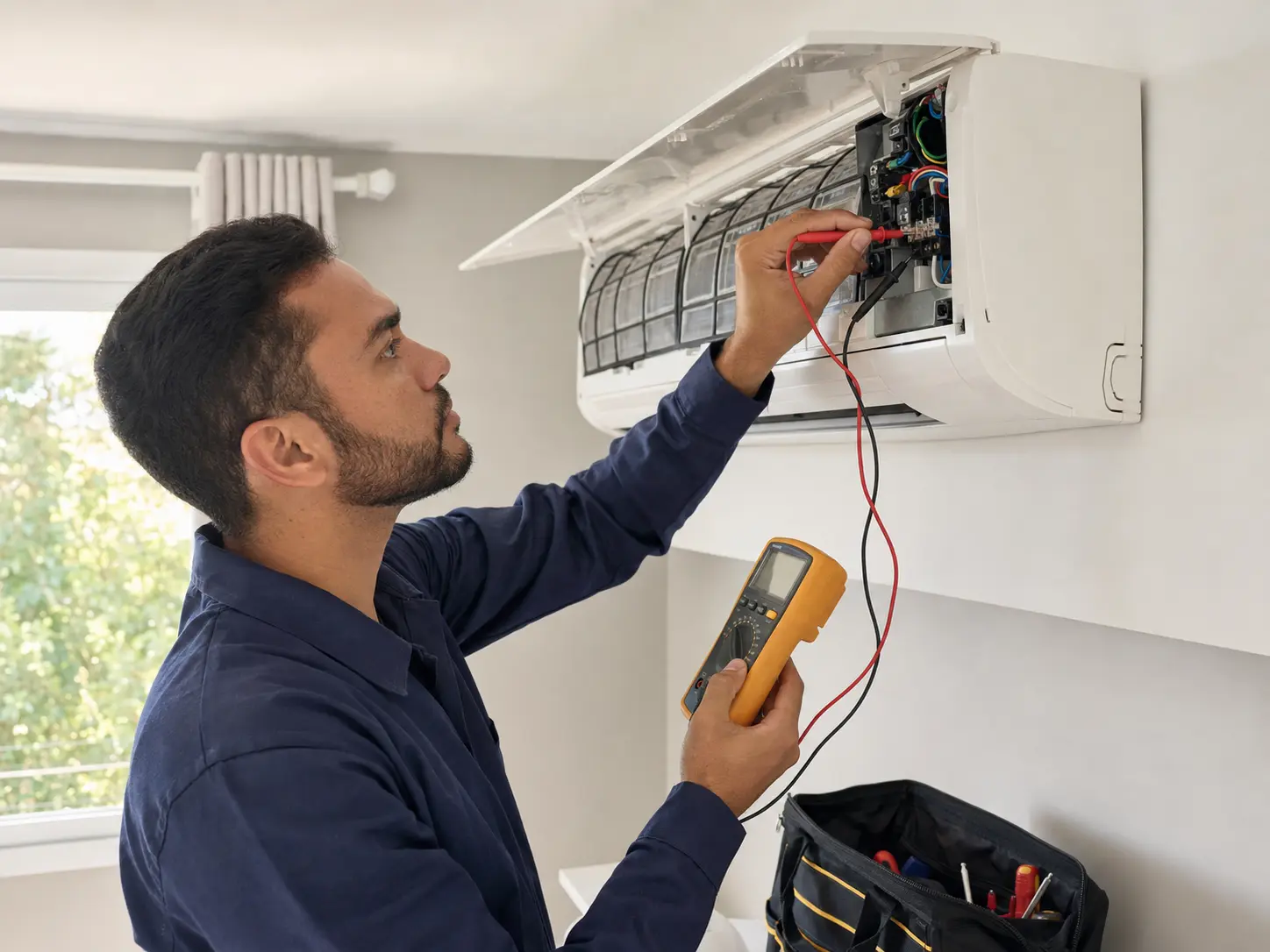 Técnico diagnosticando falha em unidade interna de ar-condicionado split