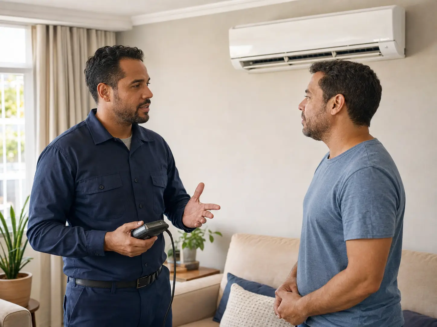 Técnico explicando o diagnóstico e as opções de reparo do ar-condicionado à cliente