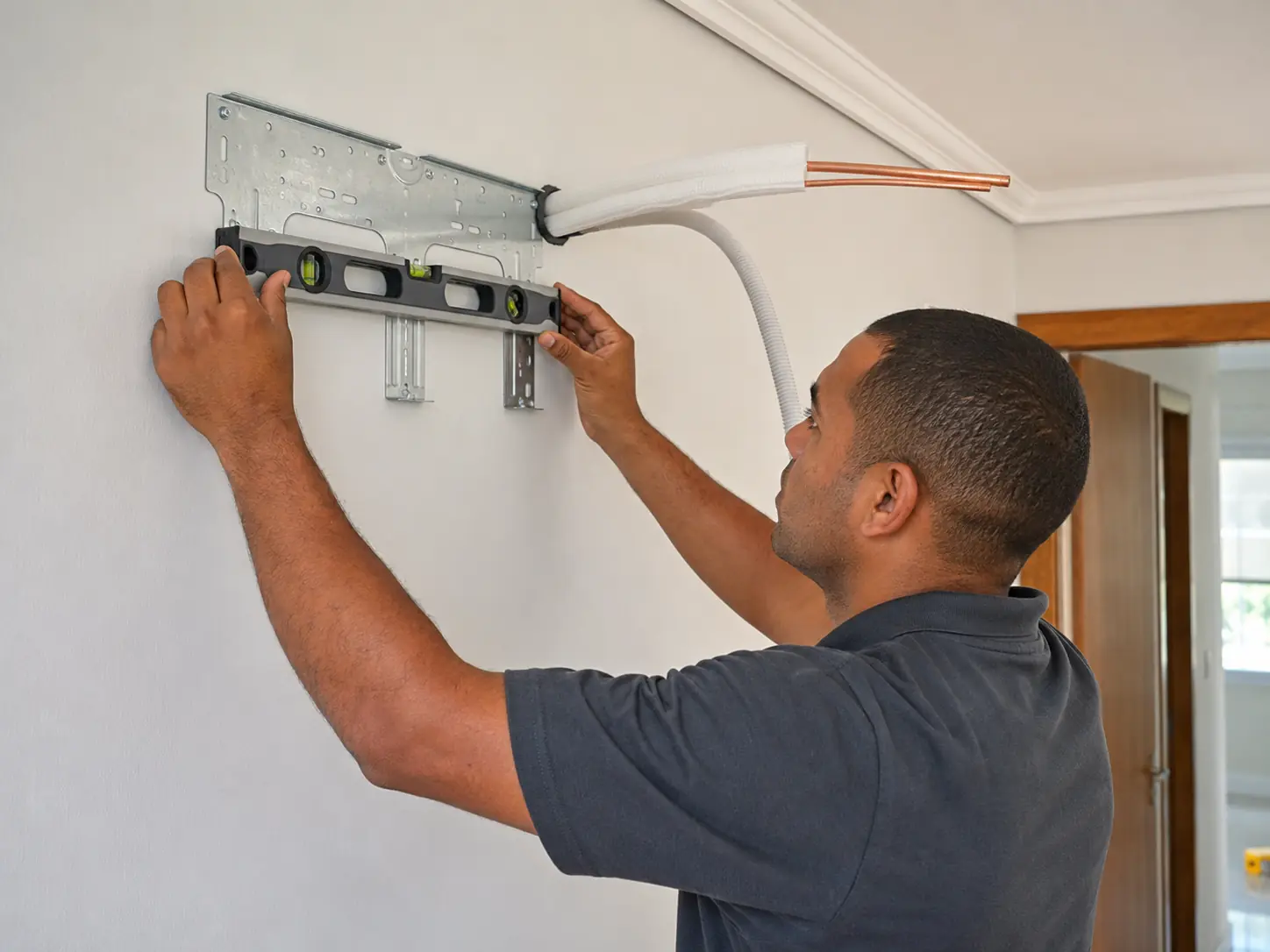 Técnico conferindo suporte e infraestrutura durante a preparação de uma instalação de ar-condicionado split