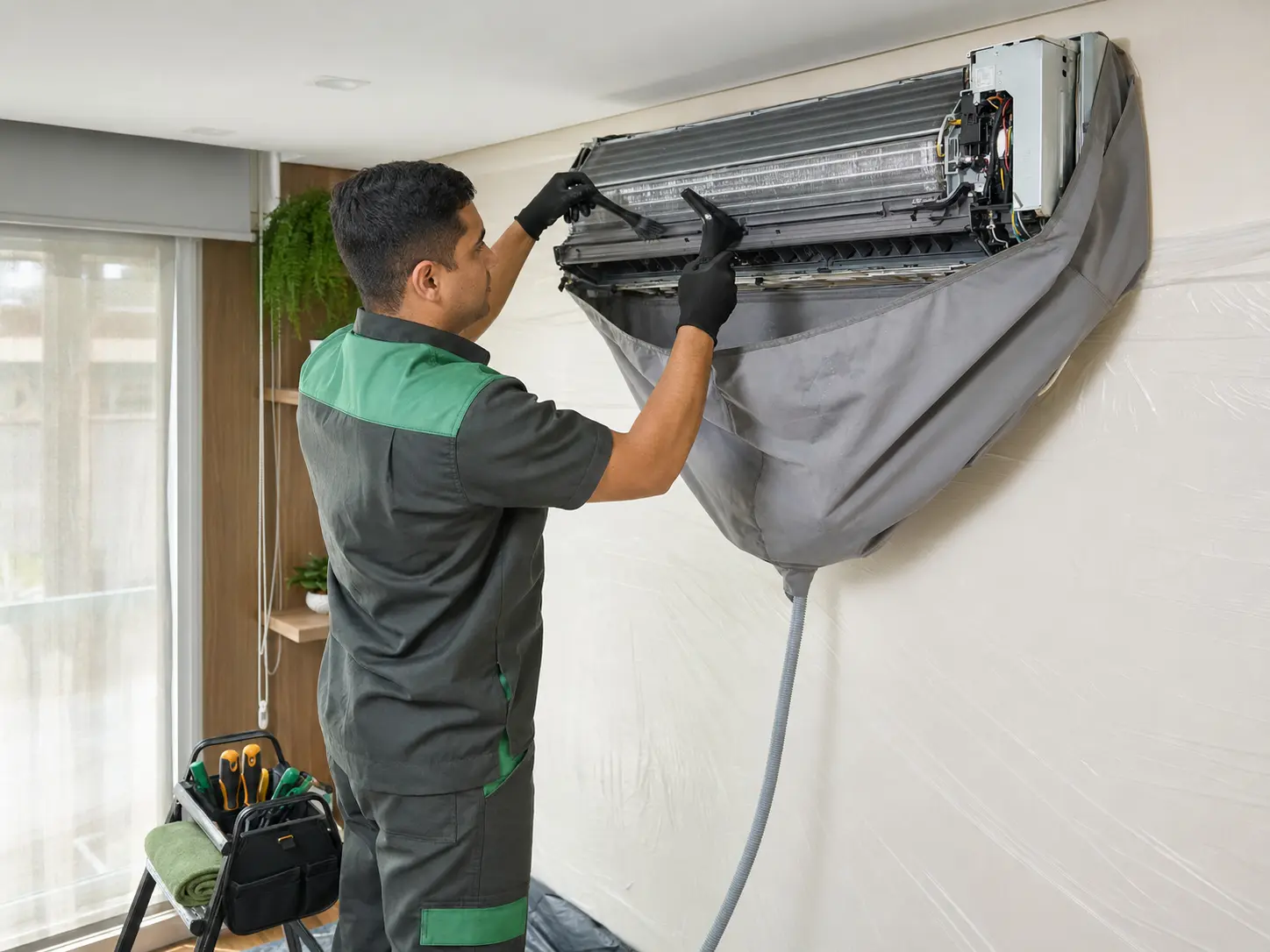 Técnico realizando a limpeza interna de uma unidade de ar-condicionado split com proteção no ambiente