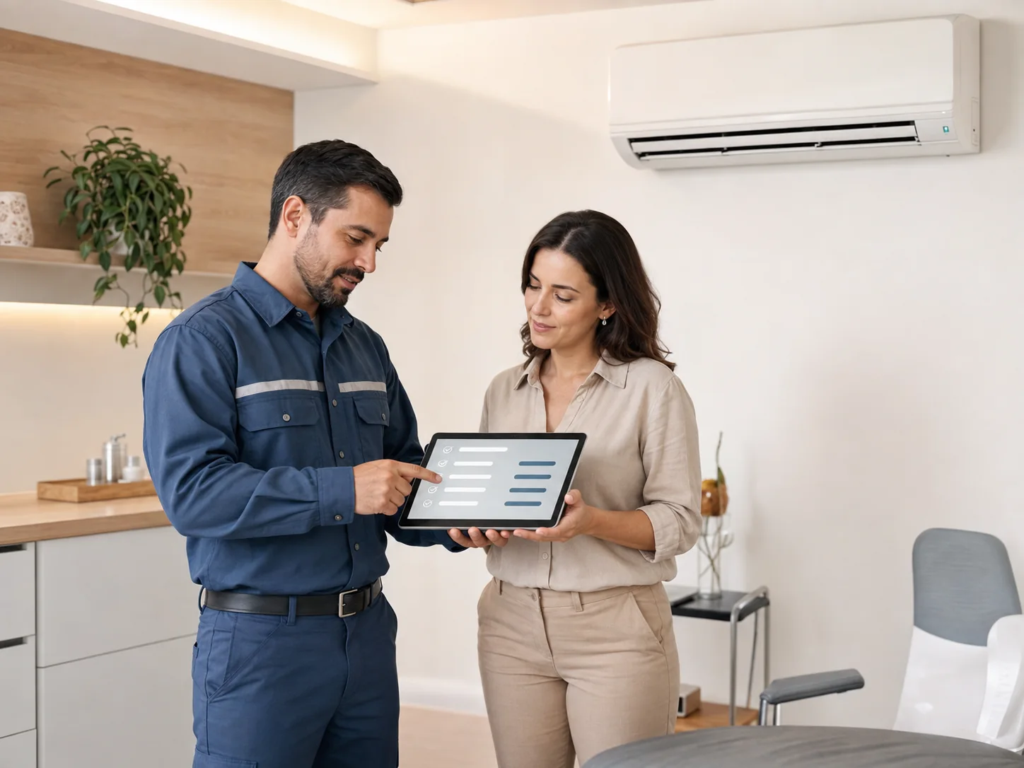 Técnico orientando cliente sobre o planejamento da manutenção preventiva do ar-condicionado